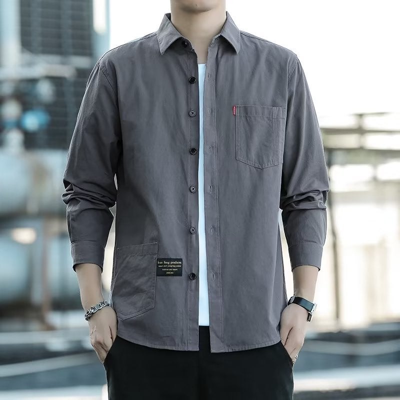 Japanese Style Work Shirt Mens Spring and Autumn Long Sleeve Shirt Casual Thin Jacket Coat Khaki  - Image 3