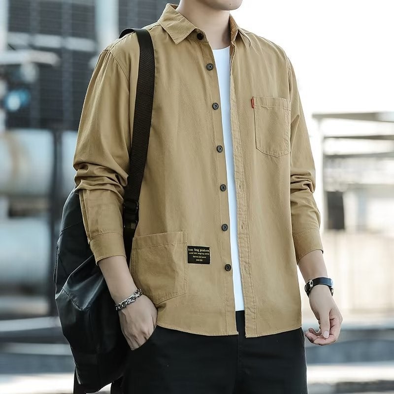 Japanese Style Work Shirt Mens Spring and Autumn Long Sleeve Shirt Casual Thin Jacket Coat Khaki  - Image 1