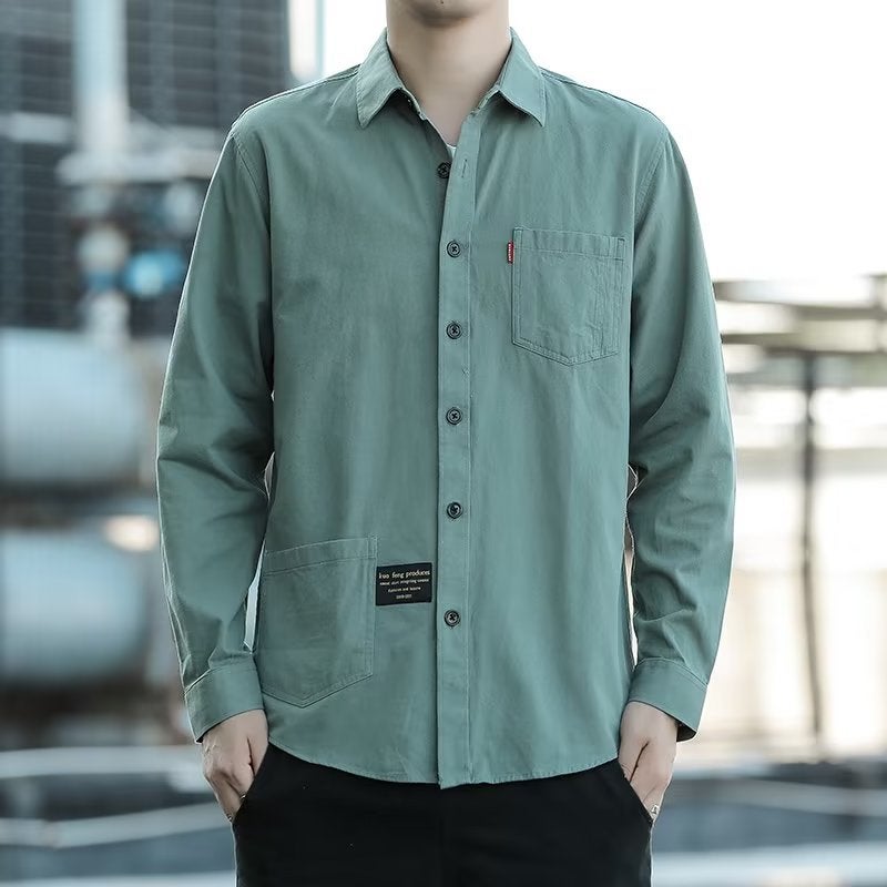 Japanese Style Work Shirt Mens Spring and Autumn Long Sleeve Shirt Casual Thin Jacket Coat Khaki  - Image 4