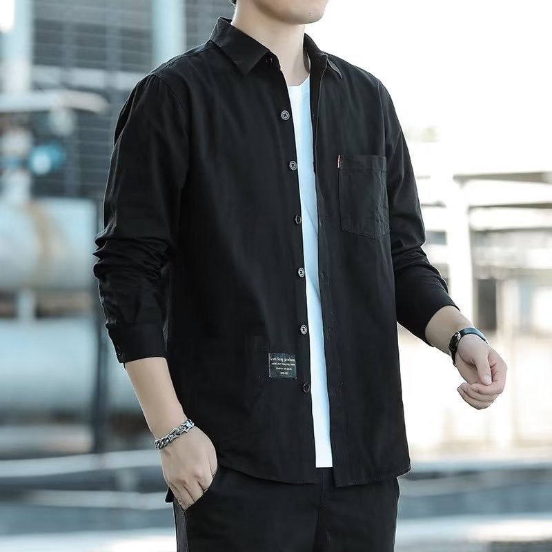 Japanese Style Work Shirt Mens Spring and Autumn Long Sleeve Shirt Casual Thin Jacket Coat Khaki  - Image 2