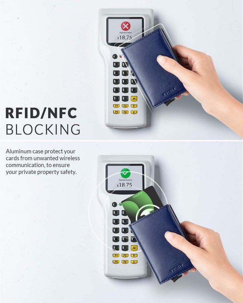 VULKIT محفظة فالكيت القابلة للطي مع حماية RFID من الجلد لمحفظة بطاقات الائتمان مع قسم للنقود، نافذة للهوية و جيب للعملات (أزرق داكن) - Image 4