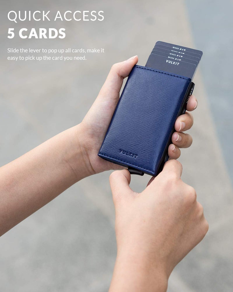 VULKIT محفظة فالكيت القابلة للطي مع حماية RFID من الجلد لمحفظة بطاقات الائتمان مع قسم للنقود، نافذة للهوية و جيب للعملات (أزرق داكن) - Image 2