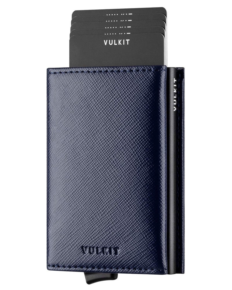 VULKIT محفظة فالكيت القابلة للطي مع حماية RFID من الجلد لمحفظة بطاقات الائتمان مع قسم للنقود، نافذة للهوية و جيب للعملات (أزرق داكن) - Image 1
