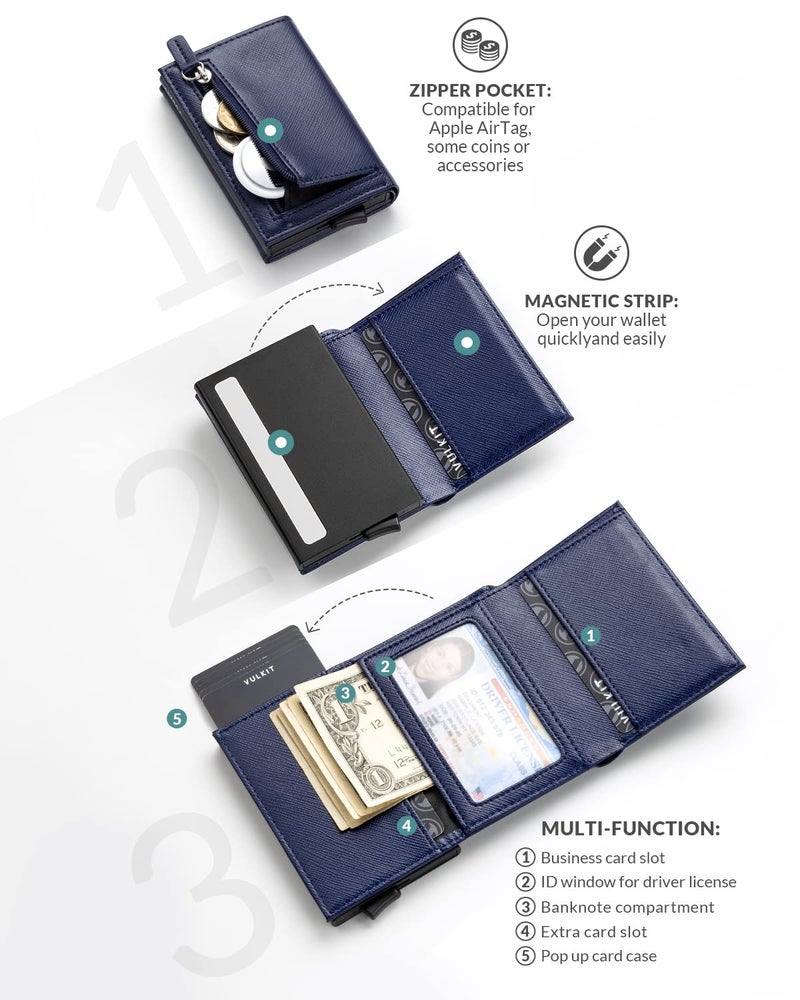 VULKIT محفظة فالكيت القابلة للطي مع حماية RFID من الجلد لمحفظة بطاقات الائتمان مع قسم للنقود، نافذة للهوية و جيب للعملات (أزرق داكن) - Image 3