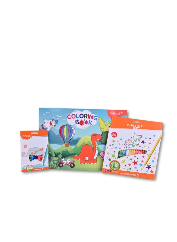 Y plus+ Y-PLUS+ Assorted Coloring Kit – 24 Color Pencils, 12 Fiber Pens & A3 Colouring Book - Image 1