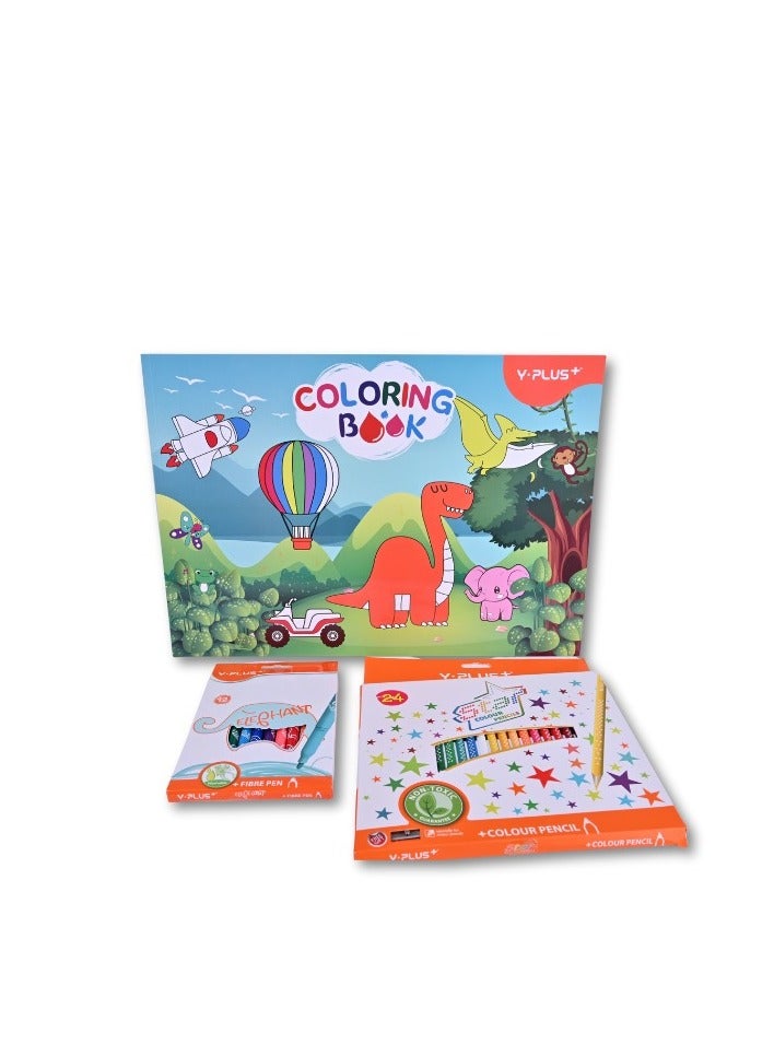 Y plus+ Y-PLUS+ Assorted Coloring Kit – 24 Color Pencils, 12 Fiber Pens & A3 Colouring Book - Image 2