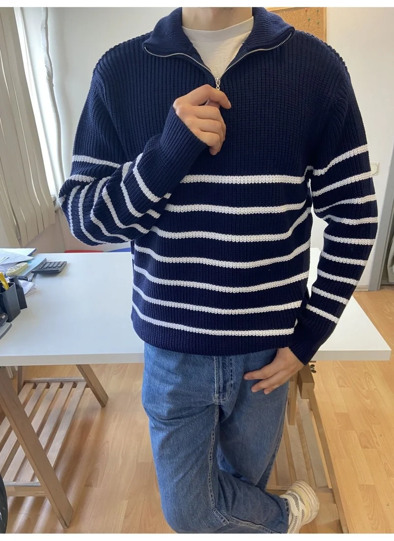 Cool Tarz Cool Style Navy Blue-White Men's Regular Zippered Fisherman Knitwear Sweater