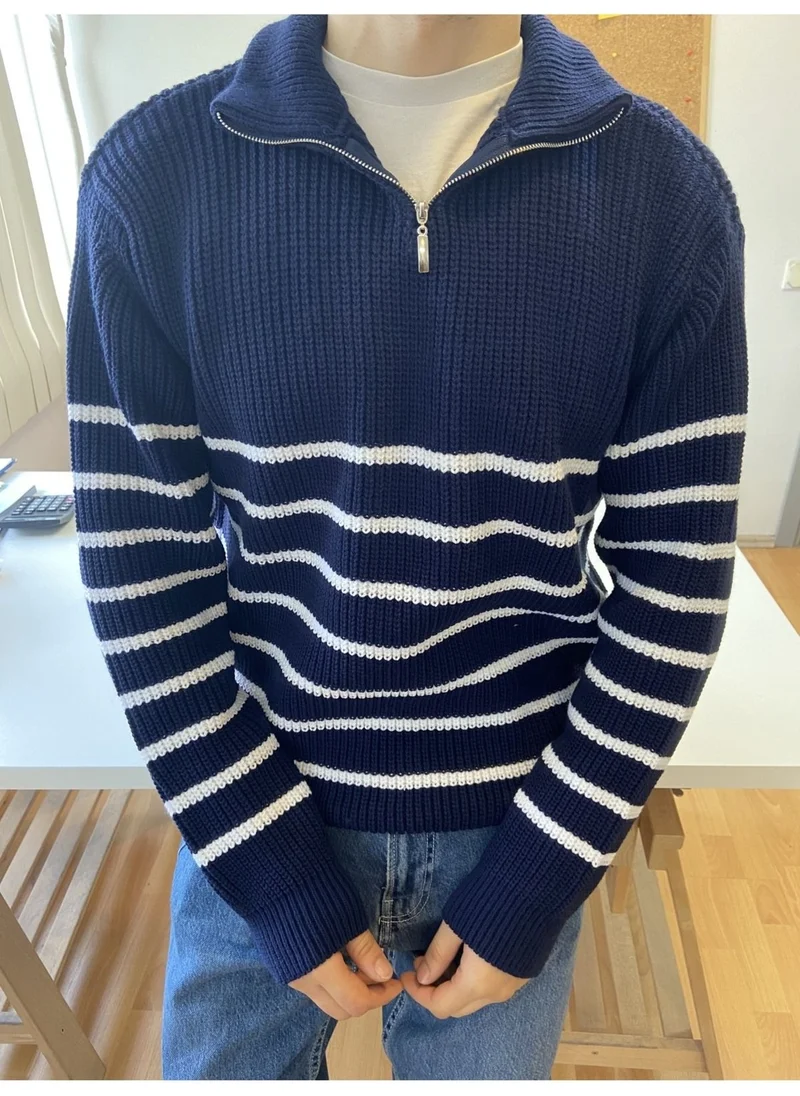 Cool Tarz Cool Style Navy Blue-White Men's Regular Zippered Fisherman Knitwear Sweater