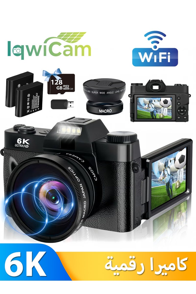 IqwiCam 6K Digital Camera for Photography - Digital Cameras with 128G TF Card, 64MP WiFi Vlogging Cameras for YouTube with 3" 180° Flip Screen, 16X Digital Zoom Autofocus Vlog Travel Camara, Wide Angle & Macro Lens, 2 Batteries  - Image 1