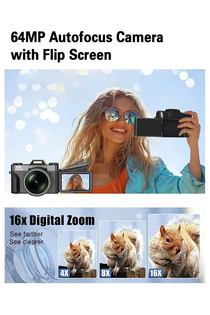 IqwiCam 6K Digital Camera for Photography - Digital Cameras with 128G TF Card, 64MP WiFi Vlogging Cameras for YouTube with 3" 180° Flip Screen, 16X Digital Zoom Autofocus Vlog Travel Camara, Wide Angle & Macro Lens, 2 Batteries  - Image 5