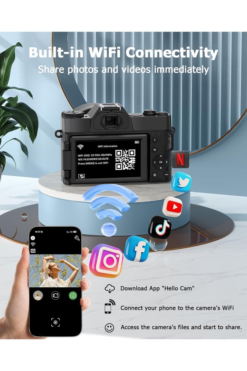 IqwiCam 6K Digital Camera for Photography - Digital Cameras with 128G TF Card, 64MP WiFi Vlogging Cameras for YouTube with 3" 180° Flip Screen, 16X Digital Zoom Autofocus Vlog Travel Camara, Wide Angle & Macro Lens, 2 Batteries  - Image 4