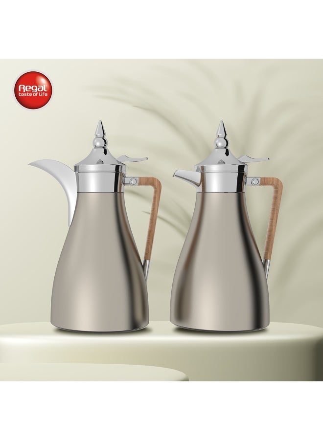 Regal 2-Piece Arabic Coffee & Tea Vacuum Flask Set (1.0 L + 1.0 L) – Stainless-Steel Body with Glass Liner – Double-Wall Insulated Thermos Set - Image 1