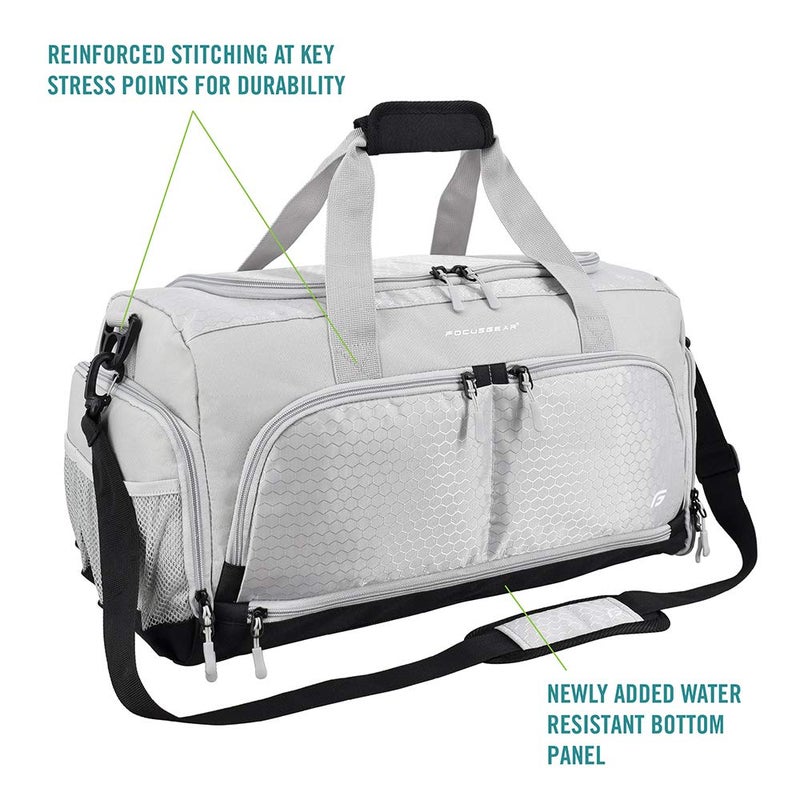 FocusGear Ultimate Gym Bag 2.0: The Durable Crowdsource Designed Duffel Bag with 10 Optimal Compartments Including Water Resistant Pouch (Silver, Medium (20")) - Image 2