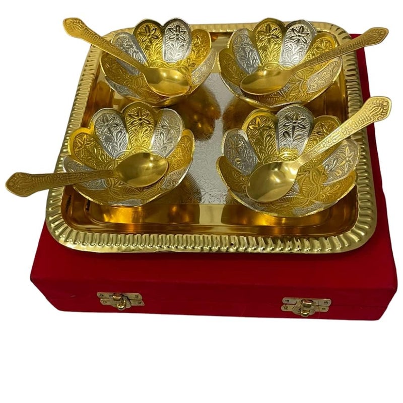 RKONECT RKONECT 9 PCS Set Gold Lotus Gold Plated Festival Gift Gold and Silver Plated Brass Bowls Set of 9 Pcs Dinner Set with Matki Diya Set of 4  - Image 1