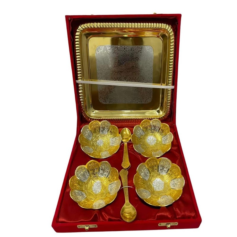 RKONECT RKONECT 9 PCS Set Gold Lotus Gold Plated Festival Gift Gold and Silver Plated Brass Bowls Set of 9 Pcs Dinner Set with Matki Diya Set of 4  - Image 2