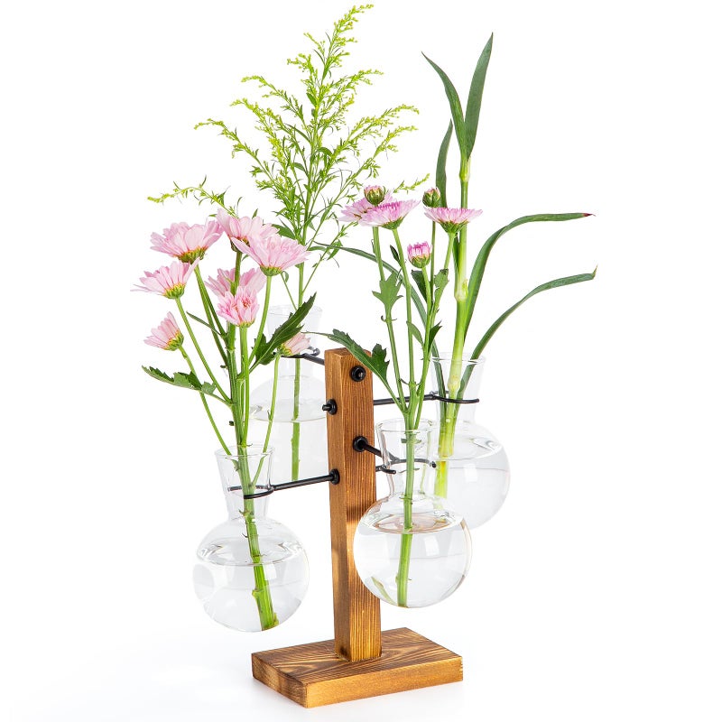 E-ROOM TREND Plant Propagation Station with Wood Stand, Propagation Vases for Plants, Terrarium Kit for Home Office Garden Decor, Gifts for Plant Lovers - 4 Bulb Glass Vases - Image 1