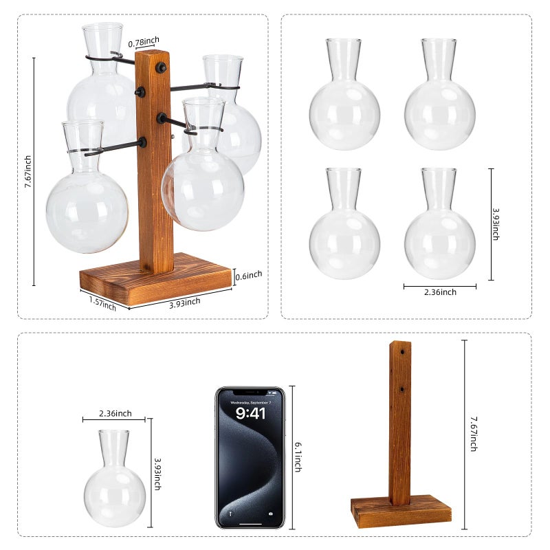 E-ROOM TREND Plant Propagation Station with Wood Stand, Propagation Vases for Plants, Terrarium Kit for Home Office Garden Decor, Gifts for Plant Lovers - 4 Bulb Glass Vases - Image 2