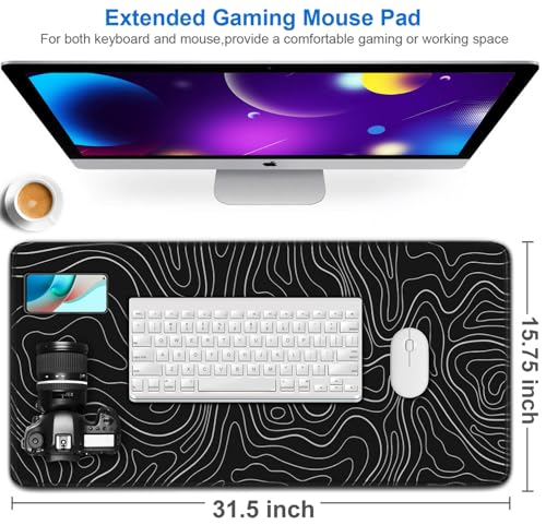 Naukay Large Extended Gaming Mouse Pad, 31.5x15.7 inch Computer Keyboard Mouse Mat, Water Resist Non-Slip Mousepad Rubber Base Long XXL Desk Mouse Pad for Gaming, Office & Home, Black White Lines - Image 2