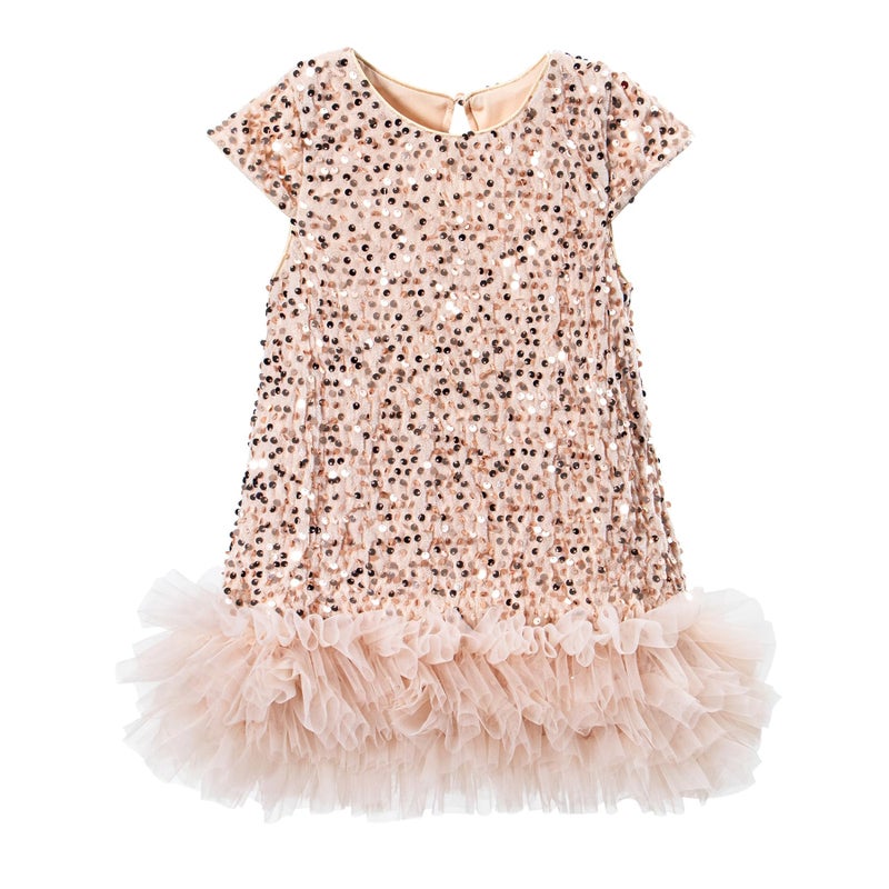 Tutu.kk Little Girls Sequin Dress A-Line Sparkly Short Sleeve Wedding Party Gown Dresses for Girls Champagne 5-6 Years - Image 1
