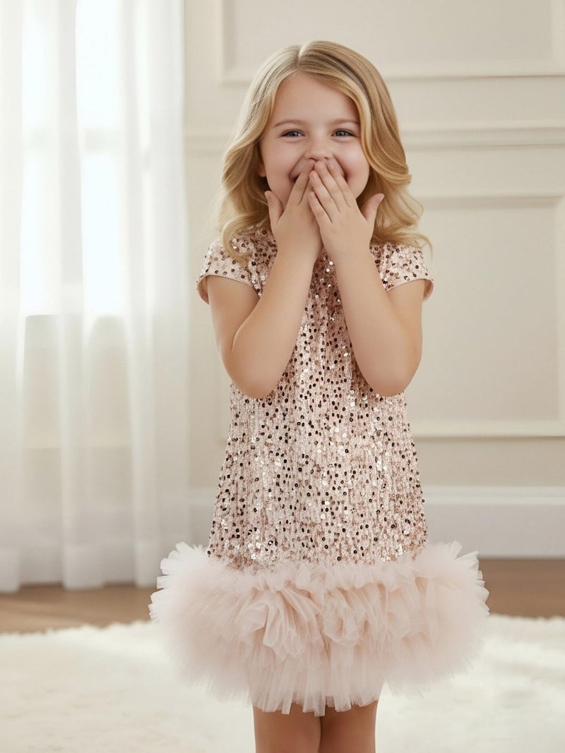Tutu.kk Little Girls Sequin Dress A-Line Sparkly Short Sleeve Wedding Party Gown Dresses for Girls Champagne 5-6 Years - Image 3