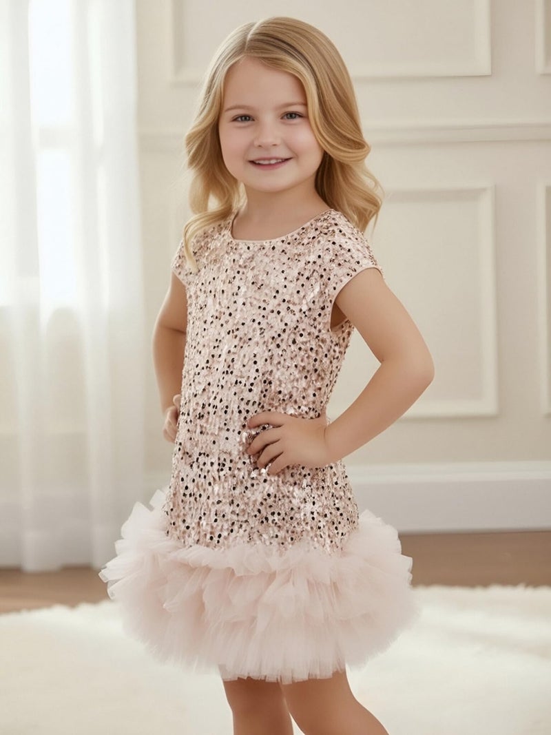 Tutu.kk Little Girls Sequin Dress A-Line Sparkly Short Sleeve Wedding Party Gown Dresses for Girls Champagne 5-6 Years - Image 5