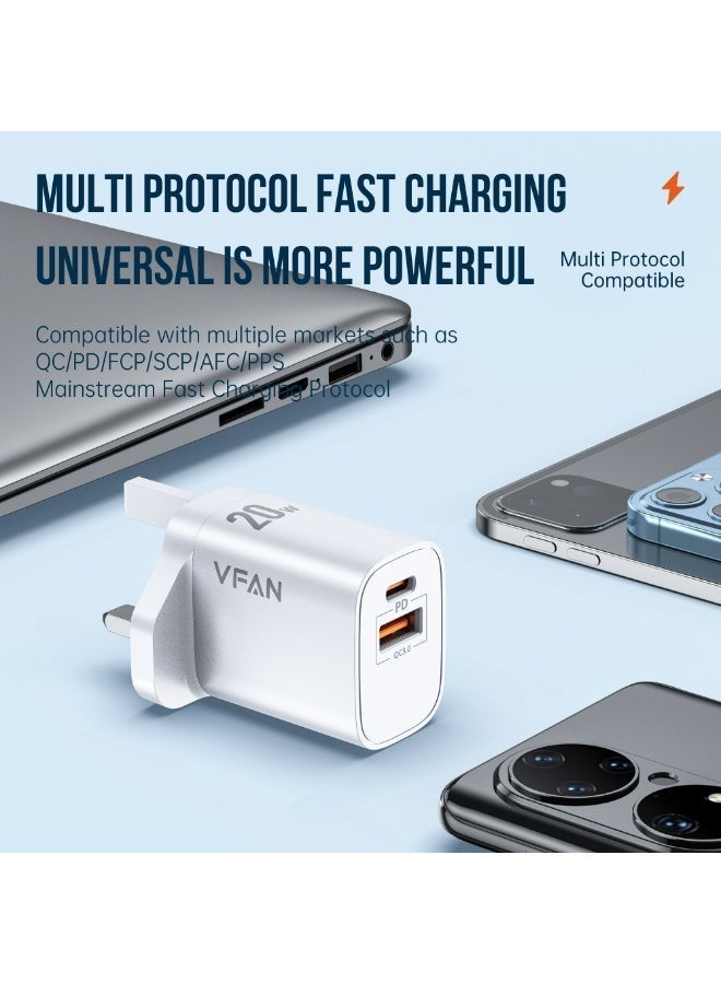 VFAN 20W USB-C 20W PD Fast Charger Kit  & 60W Cable Set - Dual Port Power Adapter (Type-C + USB-A) for iPhone 15/16 Series, Samsung Galaxy S24/S23, iPad - UK Plug White - Image 3
