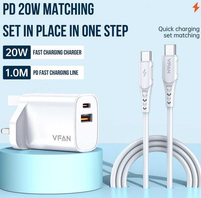 VFAN 20W USB-C 20W PD Fast Charger Kit  & 60W Cable Set - Dual Port Power Adapter (Type-C + USB-A) for iPhone 15/16 Series, Samsung Galaxy S24/S23, iPad - UK Plug White - Image 1
