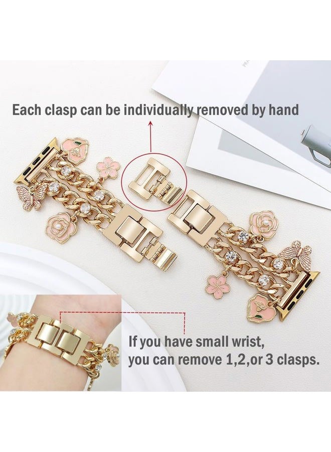 YONWORTH Cuban Chain Band Compatible with Apple Watch Bands 38/40/41mm Women,Bling Diamond Chain Dressy Metal Wristband with Cute Charms Pendants for iWatch Series 9 8 7 6 5 4 3 2 SE(38MM,A2-Gold - Image 3