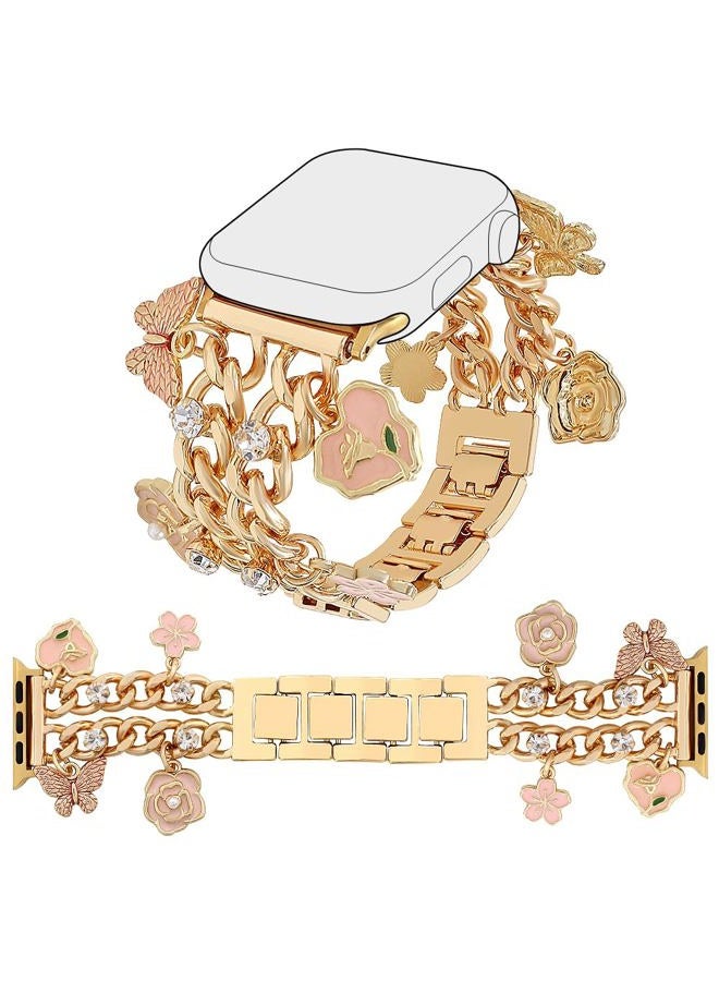 YONWORTH Cuban Chain Band Compatible with Apple Watch Bands 38/40/41mm Women,Bling Diamond Chain Dressy Metal Wristband with Cute Charms Pendants for iWatch Series 9 8 7 6 5 4 3 2 SE(38MM,A2-Gold - Image 1