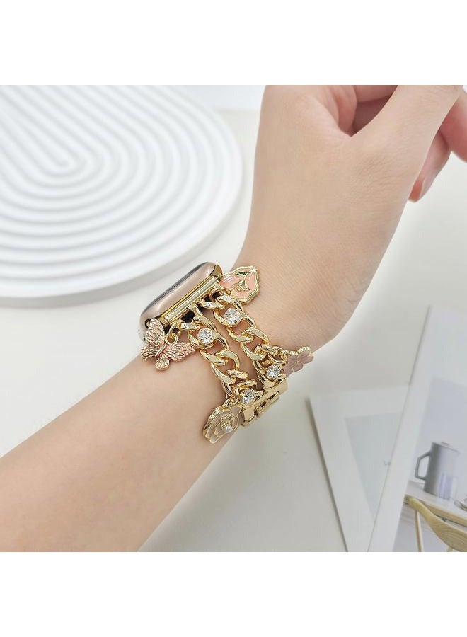 YONWORTH Cuban Chain Band Compatible with Apple Watch Bands 38/40/41mm Women,Bling Diamond Chain Dressy Metal Wristband with Cute Charms Pendants for iWatch Series 9 8 7 6 5 4 3 2 SE(38MM,A2-Gold - Image 4