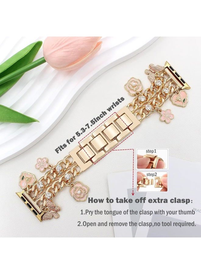 YONWORTH Cuban Chain Band Compatible with Apple Watch Bands 38/40/41mm Women,Bling Diamond Chain Dressy Metal Wristband with Cute Charms Pendants for iWatch Series 9 8 7 6 5 4 3 2 SE(38MM,A2-Gold - Image 2