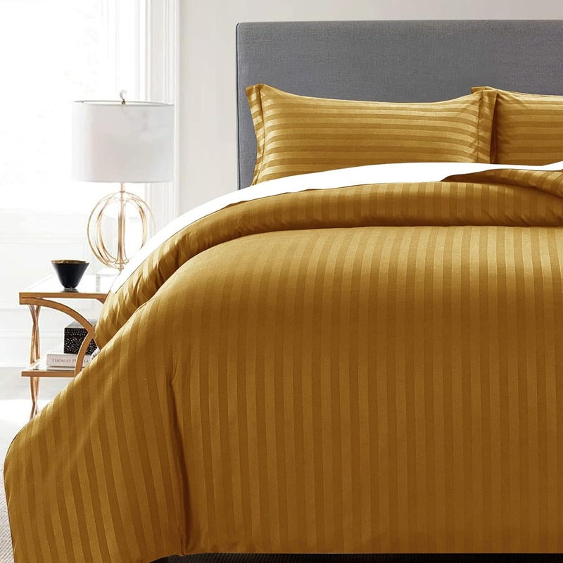 MOONLIGHT20015 King Size Duvet Cover Sets Reversible Stripes Satin Bedding Set with 2 Pillowcases Soft Hypoallergenic Duvet Covers (Ochre 230x220) - Image 4