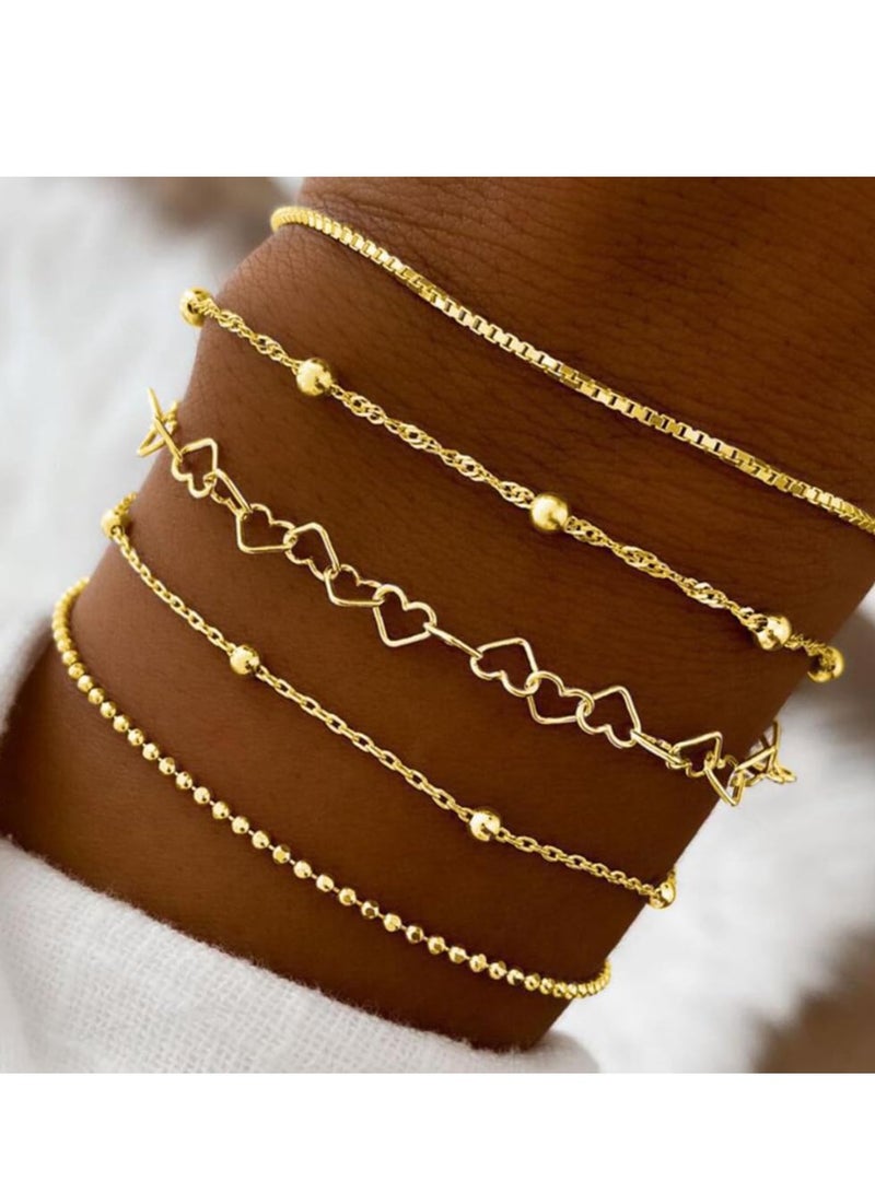 Mordely 5Pcs Layered Heart Beaded Bracelets Set for Women, Charming Twisted Link Chain Bangles Round Beads Bracelets Stackable Hollow Heart Hand Jewelry  - Image 1