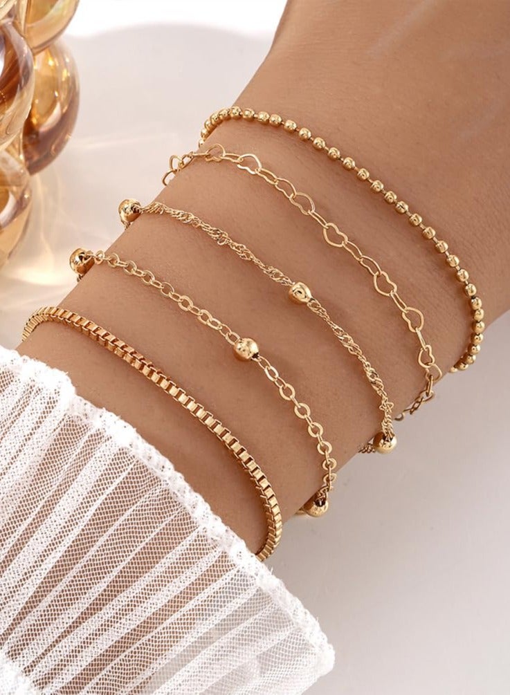 Mordely 5Pcs Layered Heart Beaded Bracelets Set for Women, Charming Twisted Link Chain Bangles Round Beads Bracelets Stackable Hollow Heart Hand Jewelry  - Image 3