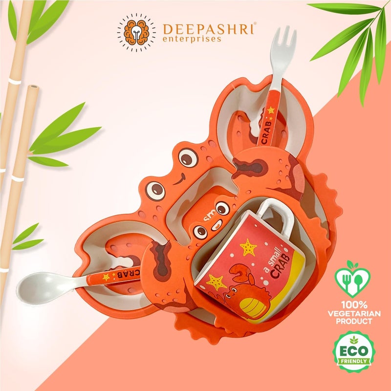 Deepashri™ Bamboo Tableware Kids Plate Set with Bowl Cup Fork Spoon Tableware for Baby Dinning Set Bamboo Fiber Dinner Set for Kids Utensil Crab Design (Set of 5 Pieces) - Image 5