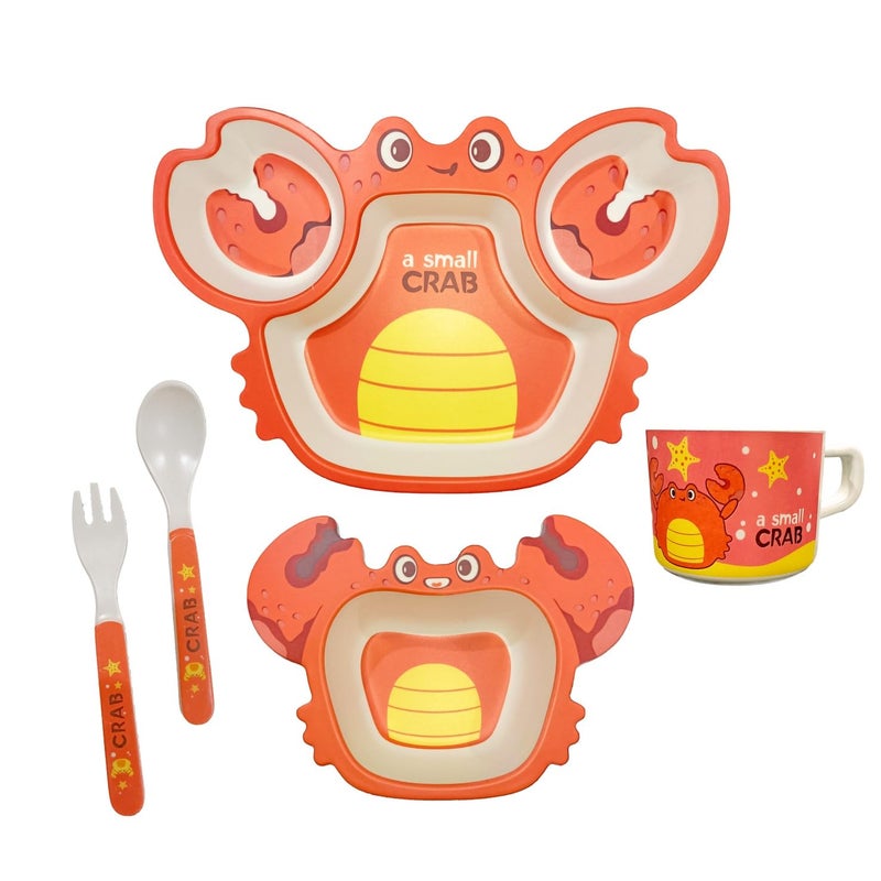 Deepashri™ Bamboo Tableware Kids Plate Set with Bowl Cup Fork Spoon Tableware for Baby Dinning Set Bamboo Fiber Dinner Set for Kids Utensil Crab Design (Set of 5 Pieces) - Image 1