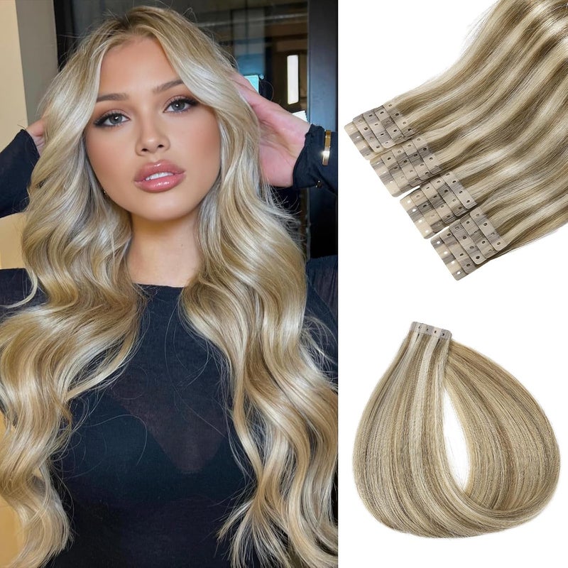 LADY MIRANDA Mixed Blonde Hair Extensions Real Human Hair 18 Inch 20PCS Remy Hair Extensions Invisible Tape ins PU Human Hair Extensions with Micro Hole Glueless Hair Extensions for Women