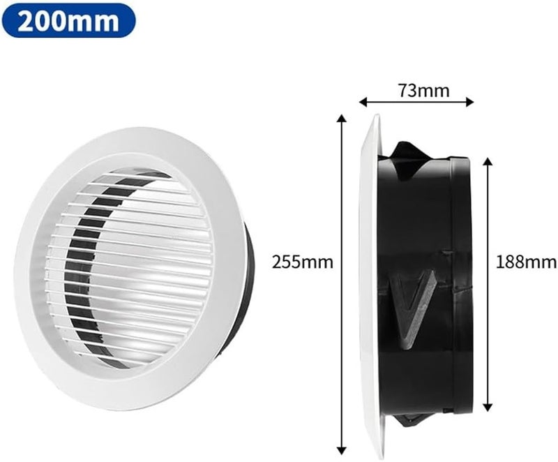 غطية مشبك تهوية مستديرة قابلة للتعديل 200 مم من مادة ABS للجدران والأسقف مع تحكم في الهواء - Image 5