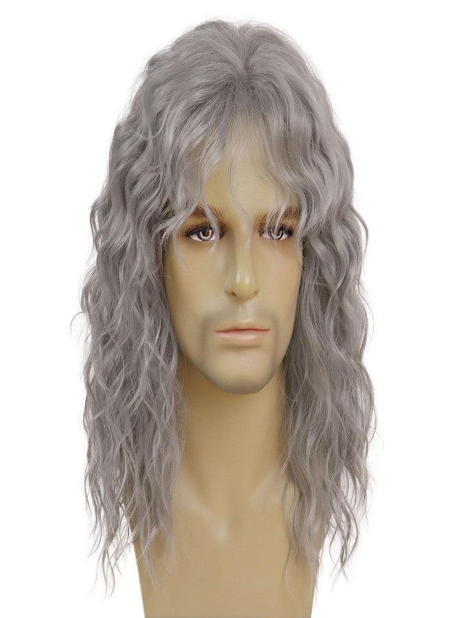 GNIMEGIL Long Curly Wavy Grey Wigs for Men Synthetic Natural Party Halloween Cosplay Hair Wig with Bangs - Image 1