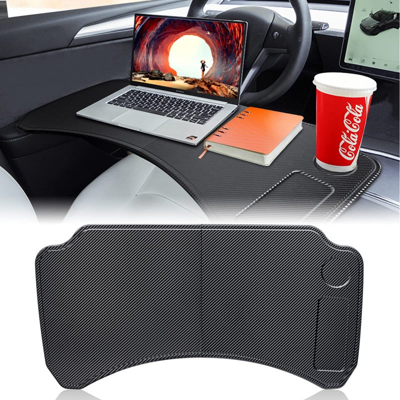 FURYENGRAVER Big Space Desk for Tesla Model Y Model 3 Tray for Eating Laptop iPad or Notebook Tesla Model Y Model 3 Accessories Carbon Fiber Texture 