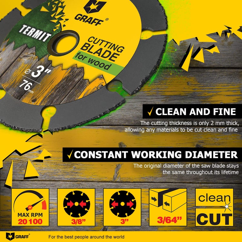 GRAFF 3 Inch Cut Off Wheel for Wood, Laminate, Plastic - Wood Cutting Disc for Die Grinder 3/8" Arbor - Tungsten Carbide - GRAFF Termit 76 mm - Image 3