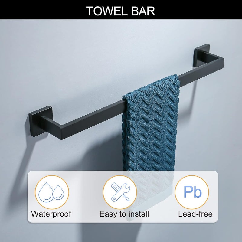 TNOMS Black Towel Bar Set 5-Piece Bathroom Hardware Set Including 23.6 Inch Towel Bar,Towel Ring Towel Hook and Toilet Paper Holder with Shelf,Stainless Steel Bathroom Accessories Set - Image 2