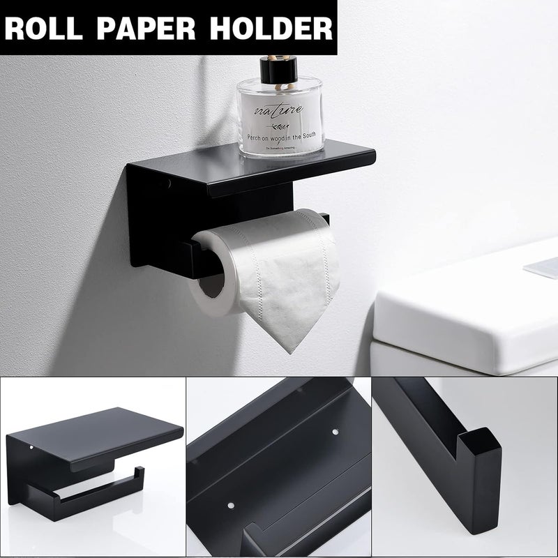 TNOMS Black Towel Bar Set 5-Piece Bathroom Hardware Set Including 23.6 Inch Towel Bar,Towel Ring Towel Hook and Toilet Paper Holder with Shelf,Stainless Steel Bathroom Accessories Set - Image 4