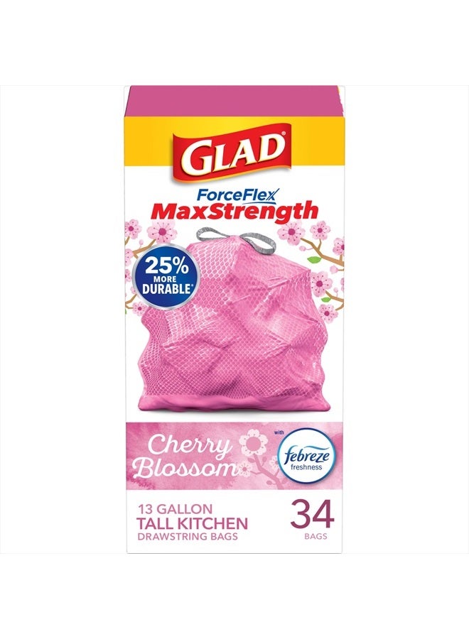 Glad أكياس القمامة، أكياس قمامة مطاطية عالية مرونة، سعة 13 جالون، عطر فابريز زهر الكرز، 34 قطعة - Image 1