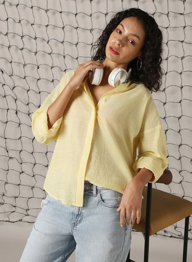 هوبرهولمي قميص نسائي أصفر قطن % مخطط بأزرار مقاس كبير