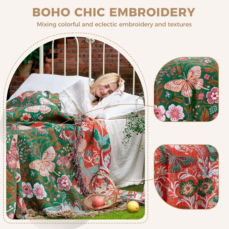 LUTBM Boho Throw Blanket for Bed Cotton Blankets Twin Size for Bedroom Living Room All Season Lightweight Butterflies Embroidery Quilt for Couch Sofa Chair 60"x80" - Image 3