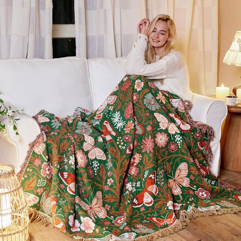 LUTBM Boho Throw Blanket for Bed Cotton Blankets Twin Size for Bedroom Living Room All Season Lightweight Butterflies Embroidery Quilt for Couch Sofa Chair 60"x80" - Image 5