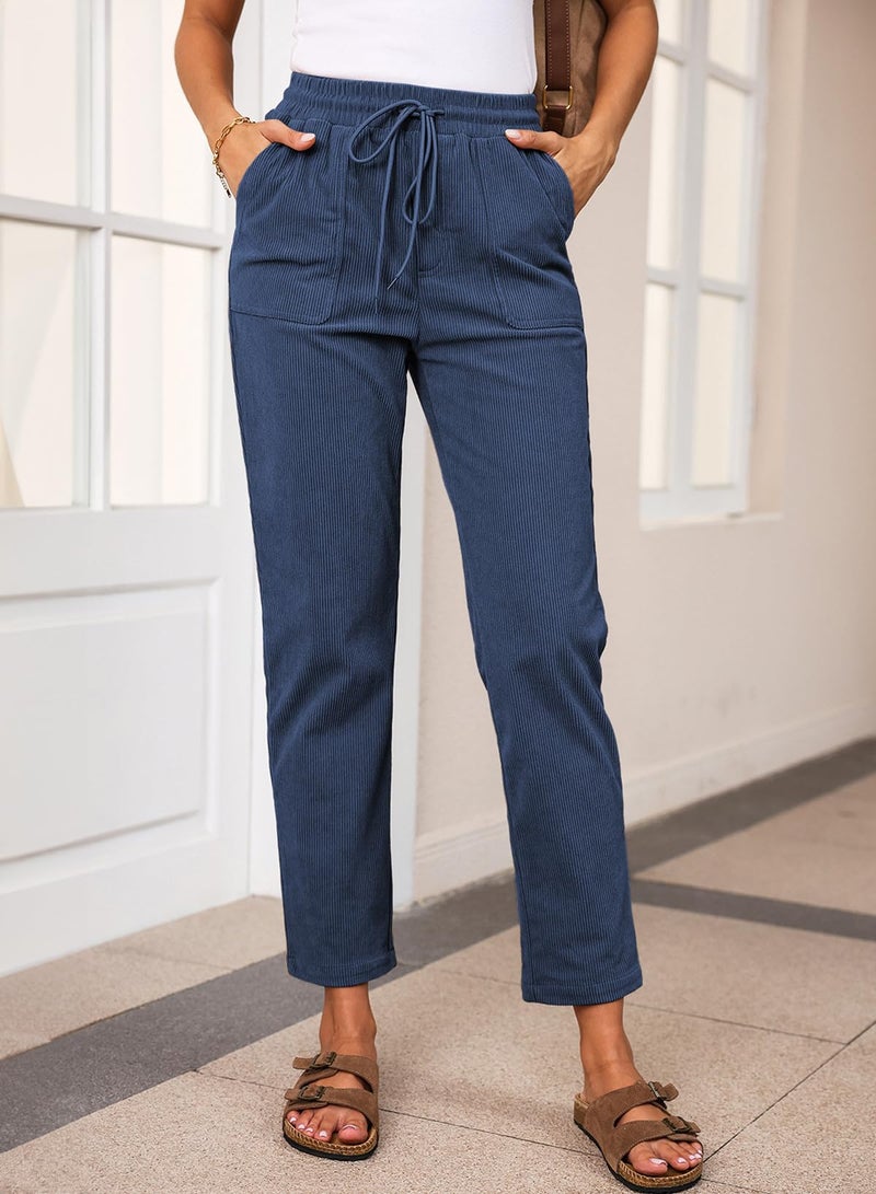 EVALESS Casual Corduroy Pants for Women Spring Fashion 2026 Drawstring Elastic Waist Pants Comfy Straight Leg Trousers with Pockets Dirty Blue X-Large - Image 2