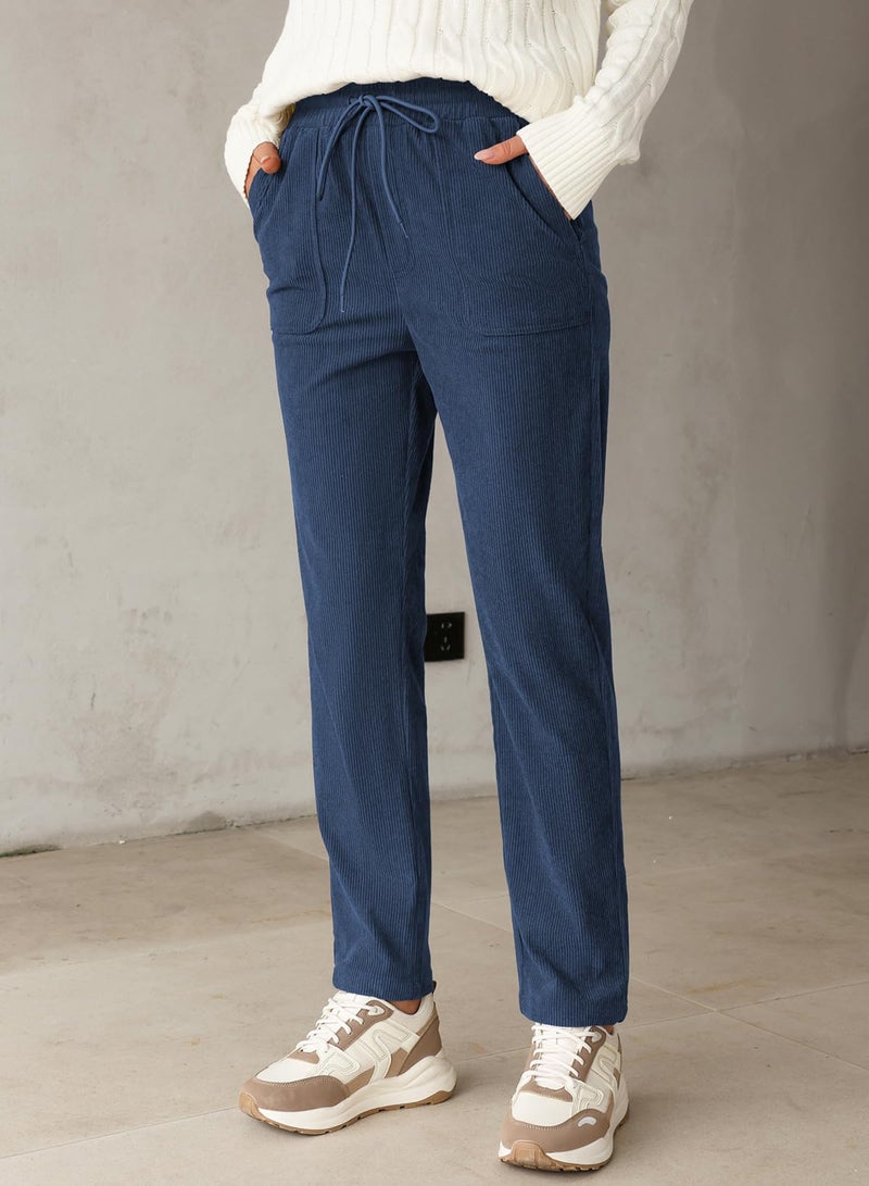 EVALESS Casual Corduroy Pants for Women Spring Fashion 2026 Drawstring Elastic Waist Pants Comfy Straight Leg Trousers with Pockets Dirty Blue X-Large - Image 5