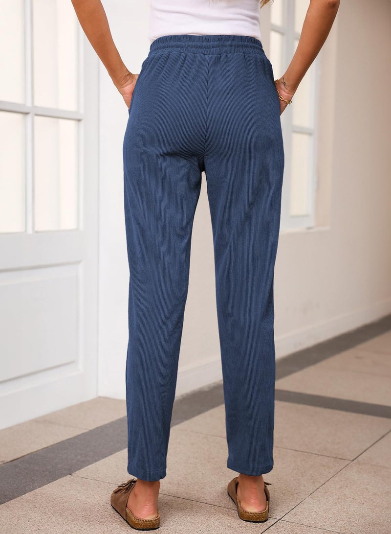 EVALESS Casual Corduroy Pants for Women Spring Fashion 2026 Drawstring Elastic Waist Pants Comfy Straight Leg Trousers with Pockets Dirty Blue X-Large - Image 4